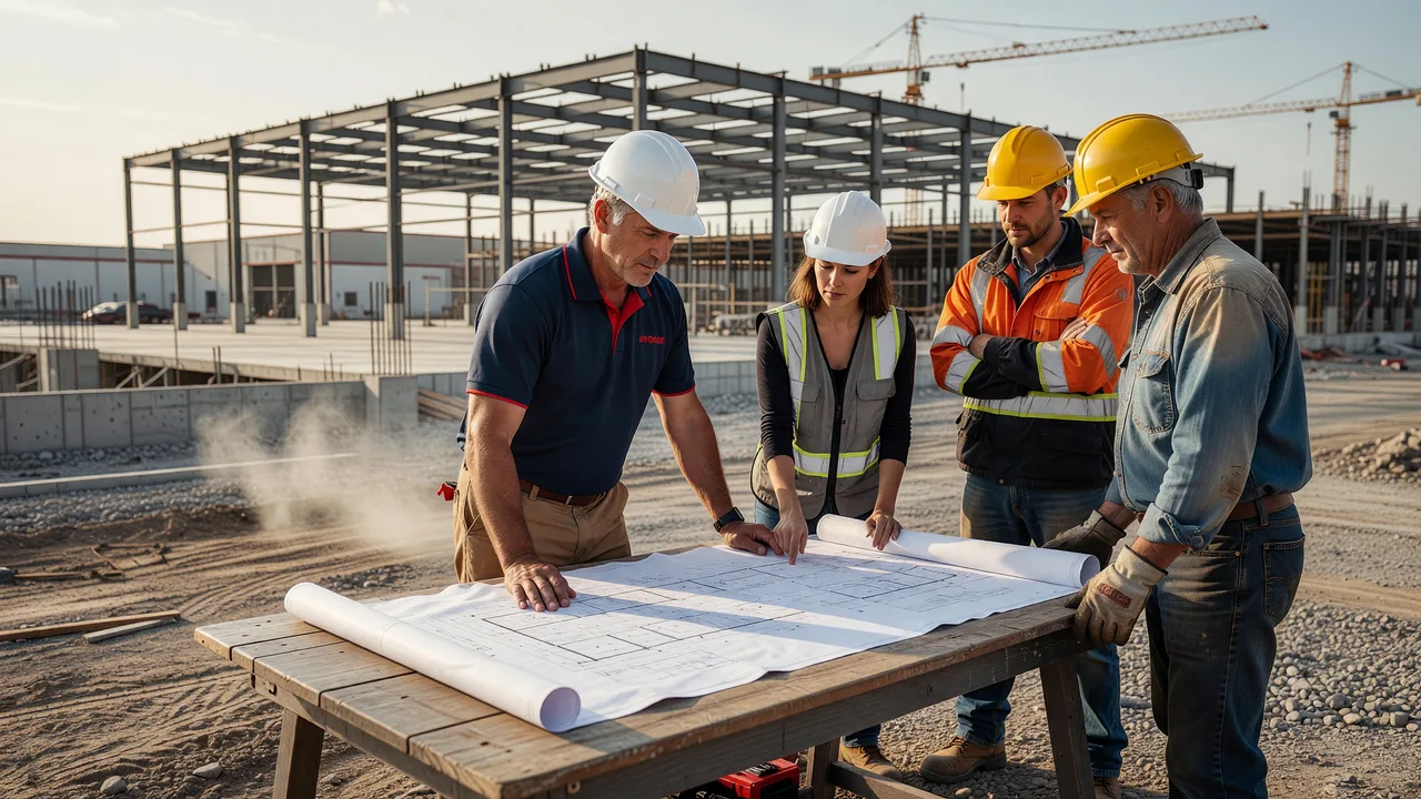 commercial concrete estimator reviewing tilt-up plans professional team