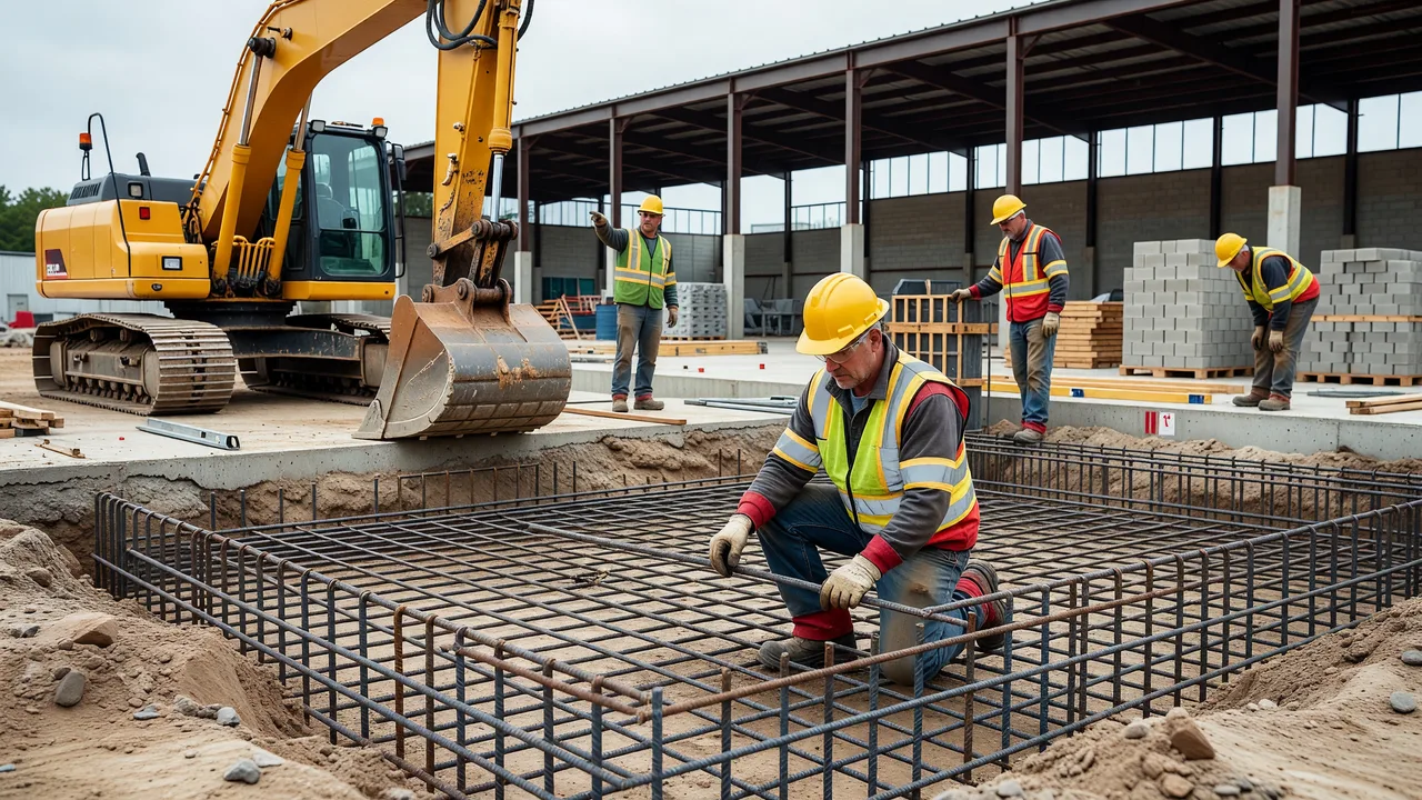 machine foundation excavation rebar industrial site professional
