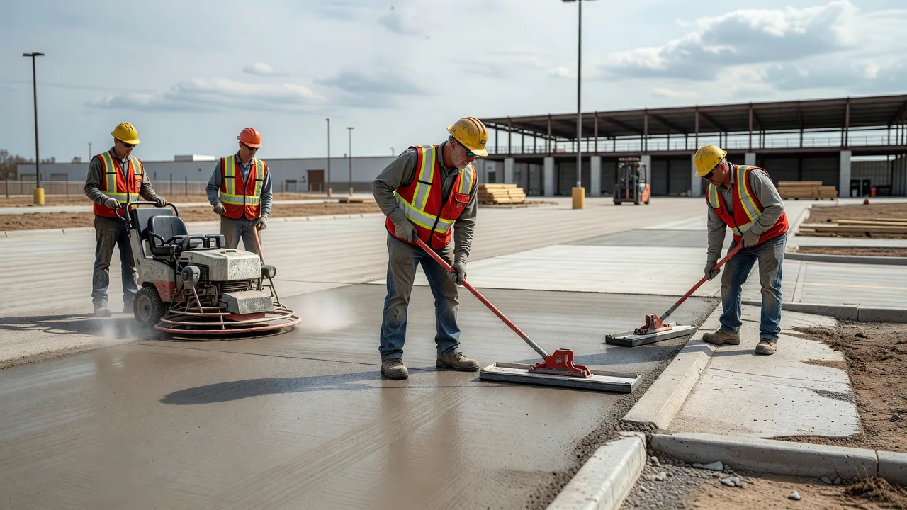 commercial parking lot concrete finishing crew professional
