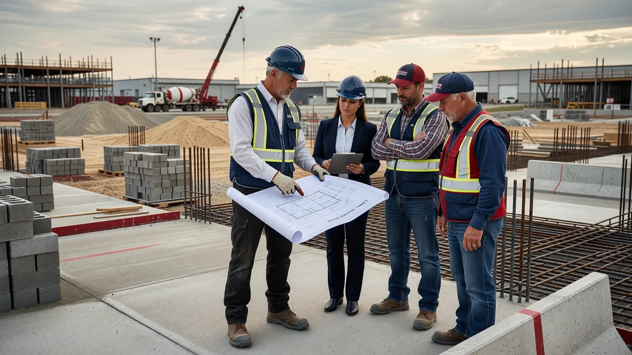 commercial concrete estimator reviewing slab plans professional team
