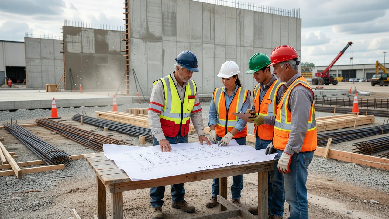 commercial concrete estimator reviewing tilt-up plans professional team