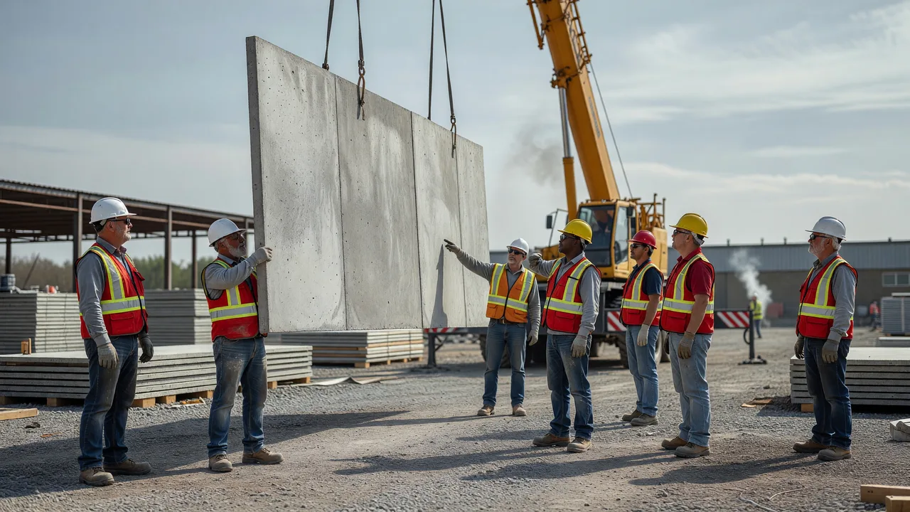 precast concrete panel installation commercial jobsite crane team