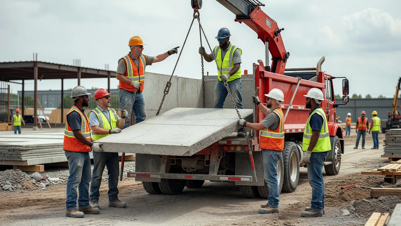 dumpster truck loading reinforced concrete slab construction site professional crew