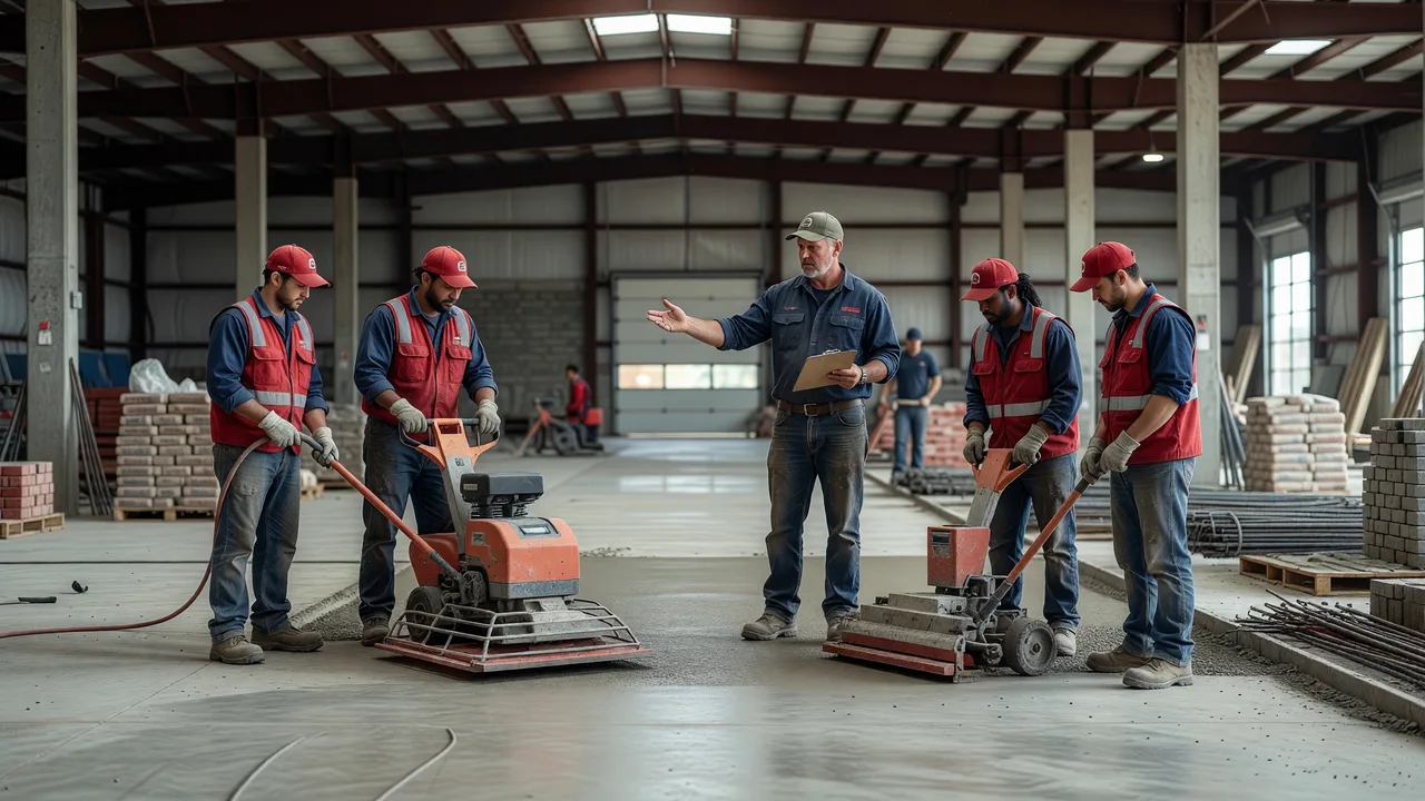 commercial concrete floor finishing professional team warehouse