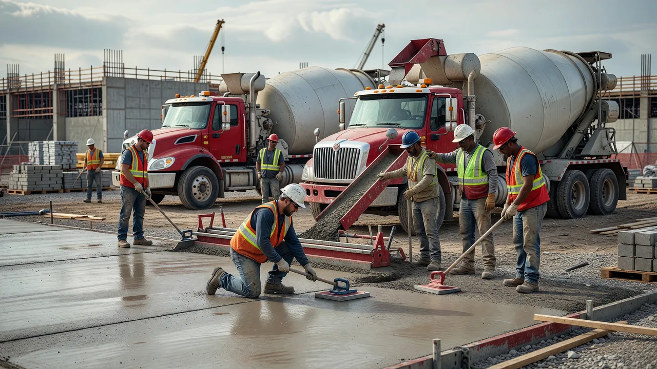 commercial concrete pour professional team ready mix trucks