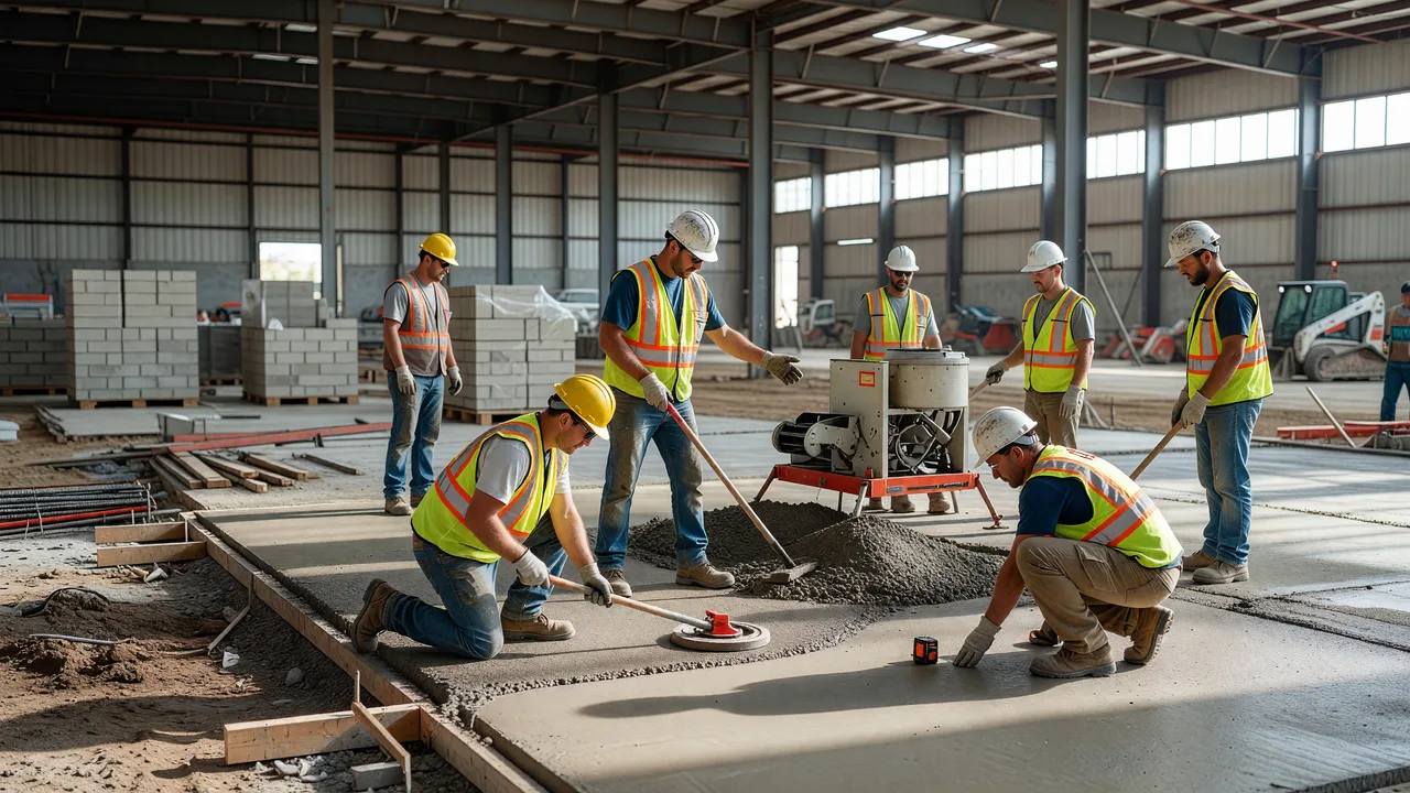 warehouse slab concrete placement professional crew on site batching comparison