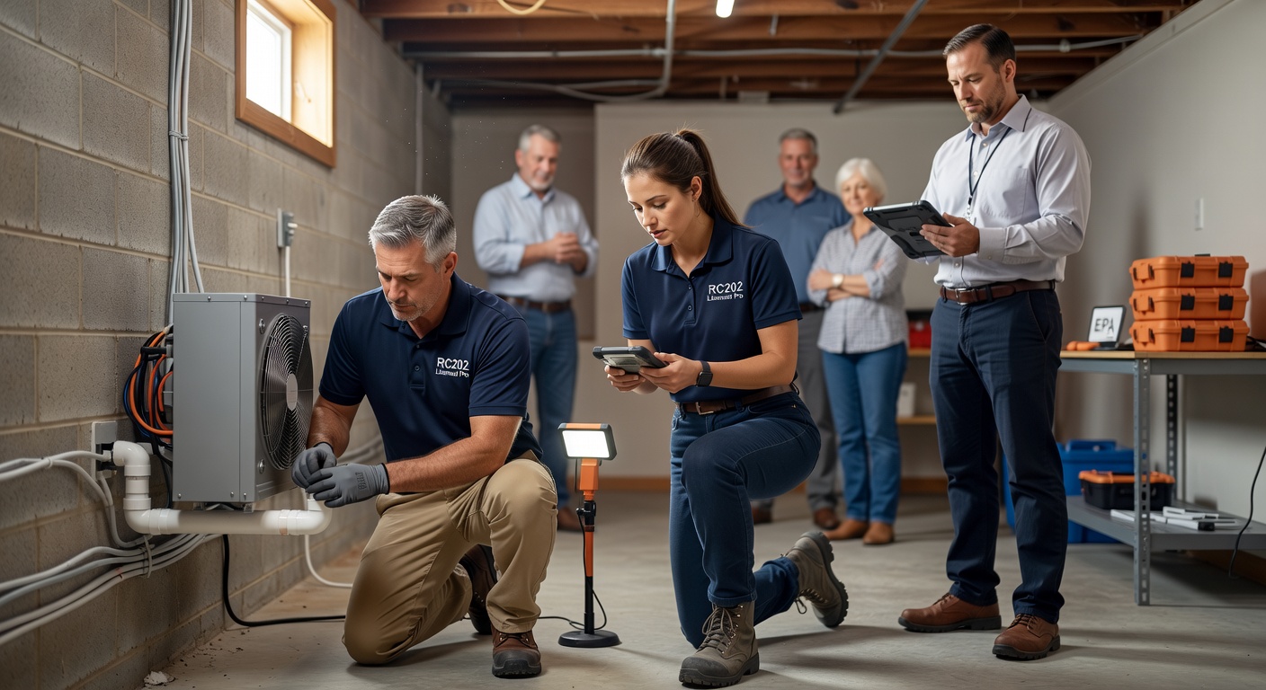 Licensed RC202 radon professionals installing a radon mitigation system in an Ohio home